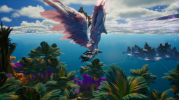 A winged creature soaring over a sunlit tropical landscape in AION 2