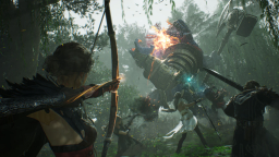 An archer confronting an armored enemy in the forests of ArcheAge Chronicles