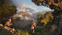 A traveler overlooking the lush floating landscapes of Orr in Guild Wars 3